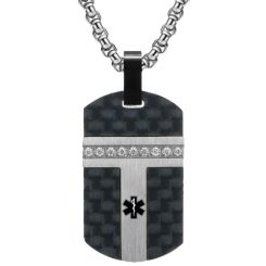 ***COI Titanium Black/Gold Tone/Silver Medical Alert Carbon Fiber Pendant With Cubic Zirconia-00657AA