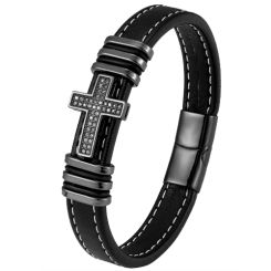 ***COI Titanium Black/Gold Tone/Silver Cross Cubic Zirconia Genuine Leather Bracelet With Steel Clasp(Length: 8.27 inches)-00663AA