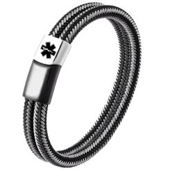 ***COI Titanium Black Silver Medical Alert Genuine Leather Bracelet With Steel Clasp(Length: 9.06 inches)-00665AA
