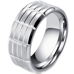 ***COI Titanium Black/Silver Grooves Beveled Edges Ring-00670AA