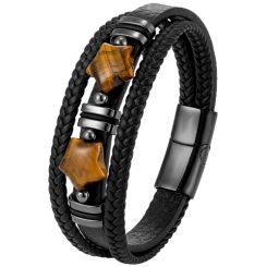 ***COI Black Titanium Tiger Eyes Stars Genuine Leather Bracelet With Steel Clasp(Length: 9.06 inches)-00697AA