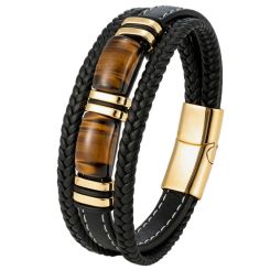 ***COI Gold Tone Titanium Tiger Eyes Genuine Leather Bracelet With Steel Clasp(Length: 9.06 inches)-00698AA