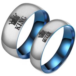 ***COI Titanium Blue Silver King Queen Crown Dome Court Ring-00713AA