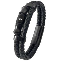 ***COI Black Titanium Cross Genuine Leather Bracelet With Steel Clasp(Length: 8.07 inches)-00722AA