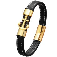 ***COI Titanium Black/Gold Tone/Silver Anchor Genuine Leather Bracelet With Steel Clasp(Length: 8.27 inches)-00724AA