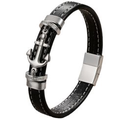 ***COI Titanium Black/Gold Tone/Silver Anchor Cubic Zirconia Genuine Leather Bracelet With Steel Clasp(Length: 8.27 inches)-00727AA