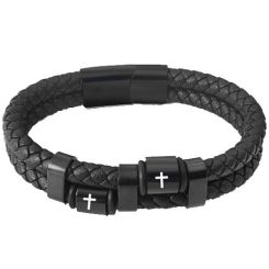 ***COI Black Titanium Cross Genuine Leather Bracelet With Steel Clasp(Length: 8.07 inches)-00729AA