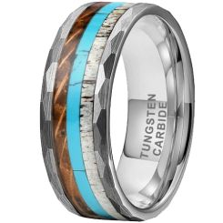 ***COI Tungsten Carbide Faceted Ring With Deer Antler Wood & Turquoise-00735AA