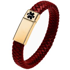 ***COI Gold Tone Titanium Medical Alert Genuine Leather Bracelet With Steel Clasp(Length: 8.85 inches)-00741AA