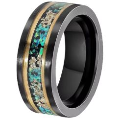 ***COI Tungsten Carbide Black Gold Tone Double Grooves Ring With Crushed Opal-00763A
