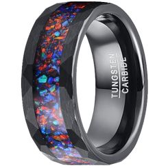 ***COI Black Tungsten Carbide Faceted Ring With Crushed Opal-00765AA