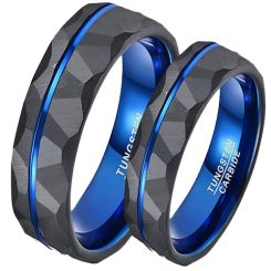 ***COI Tungsten Carbide Black Blue Offset Groove Faceted Ring-00769AA