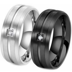 ***COI Titanium Black/Gold Tone/Silver Center Groove Beveled Edges Ring With Cubic Zirconia-00783AA
