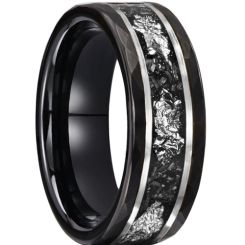 ***COI Tungsten Carbide Black Silver Faceted Double Grooves Silver Foil & Meteorite-00786AA
