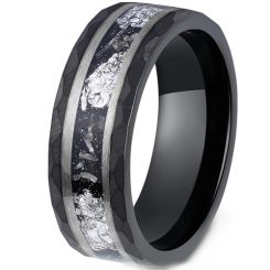 ***COI Tungsten Carbide Black Silver Faceted Double Grooves Silver Foil & Meteorite-00786AA