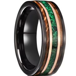 ***COI Tungsten Carbide Black Rose Double Grooves Ring With Wood & Green Malachite-00787AA