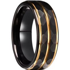 ***COI Tungsten Carbide Black Gold Tone Faceted Center Groove Step Edges Ring-00789AA