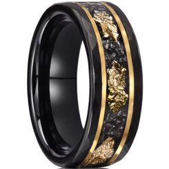 ***COI Tungsten Carbide Black Gold Tone Double Groove Faceted Ring With Meteorite & Gold Foil-00792AA