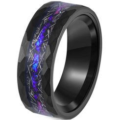 ***COI Black Tungsten Carbide Faceted Ring With Meteorite & Created Blue Sapphire-00795AA
