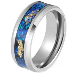 ***COI Tungsten Carbide Beveled Edges Ring With Crushed Opal & Gold Foil-00799AA