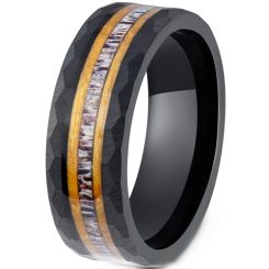 ***COI Black Tungsten Carbide Faceted Ring With Wood & Deer Antler-00800AA