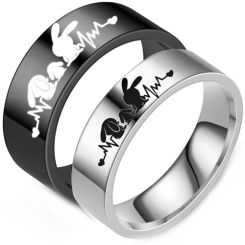 ***COI Titanium Black/Silver Easter Rabbit Heartbeat & Heart Pipe Cut Flat Ring-00813AA