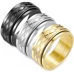***COI Titanium Black/Gold Tone/Silver Grooves Step Edges Ring-00814AA