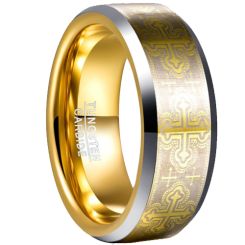 ***COI Tungsten Carbide Gold Tone Silver Cross Beveled Edges Ring-00834AA