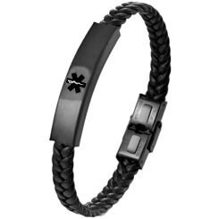***COI Black Titanium Medical Alert Genuine Leather Bracelet With Steel Clasp(Length: 9.06 inches)-00838AA