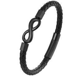 ***COI Black Titanium Infinity Genuine Leather Bracelet With Steel Clasp(Length: 9.06 inches)-00839AA