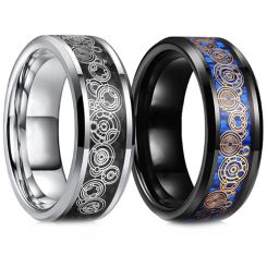 ***COI Titanium Black/Silver Gears & Circle Beveled Edges Ring-00850AA