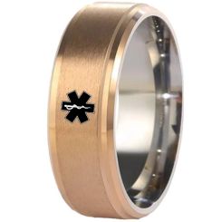 ***COI Titanium Gold Tone Silver Medical Alert Step Edges Ring-00852AA