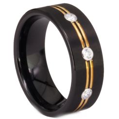 ***COI Titanium Black Gold Tone Double Grooves Ring With Cubic Zirconia-00853AA