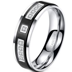 ***COI Titanium Black Silver Step Edges Ring With Cubic Zirconia-00859AA