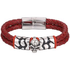 ***COI Titanium Black Silver Skull Genuine Leather Bracelet With Steel Clasp(Length: 9.06 inches)-00871AA