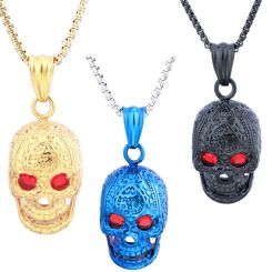 ***COI Titanium Black/Blue/Gold Tone Skull Pendant With Created Red Ruby-00872AA