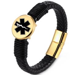 ***COI Titanium Black/Gold Tone/Rose/Silver Medical Alert Genuine Leather Bracelet With Steel Clasp(Length: 8.27 inches)-00884AA