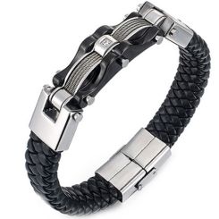 ***COI Titanium Silver/Black Silver/Gold Tone Silver Wire Cubic Zirconia Genuine Leather Bracelet With Steel Clasp(Length: 8.27 inches)-00885AA