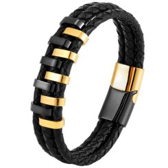 ***COI Titanium Black Silver/Black Gold Tone Genuine Leather Bracelet With Steel Clasp(Length: 8.27 inches)-00886AA