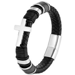 ***COI Titanium Black Silver Cross Genuine Leather Bracelet With Steel Clasp(Length: 8.27 inches)-00887AA