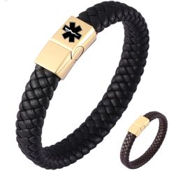 ***COI Gold Tone Titanium Medical Alert Genuine Leather Bracelet With Steel Clasp(Length: 8.27 inches)-00892AA