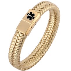 ***COI Gold Tone Titanium Medical Alert Genuine Leather Bracelet With Steel Clasp(Length: 8.27 inches)-00893AA