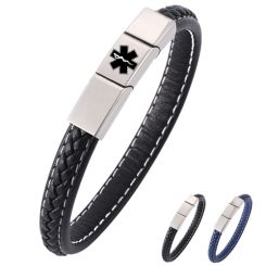 ***COI Titanium Medical Alert Genuine Leather Bracelet With Steel Clasp(Length: 8.27 inches)-00896AA