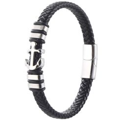 ***COI Titanium Black Silver Anchor Genuine Leather Bracelet With Steel Clasp(Length: 8.86 inches)-00898AA