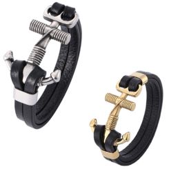 ***COI Titanium Black Gold Tone/Silver Anchor Genuine Leather Bracelet With Steel Clasp(Length: 8.66 inches)-00900AA