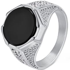 ***COI Titanium Gold Tone/Silver Black Onyx Cubic Zirconia Ring-00906A