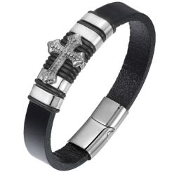 ***COI Titanium Gold Tone/Silver Cross Genuine Leather Bracelet With Steel Clasp(Length: 8.27 inches)-00915A