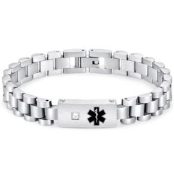 ***COI Titanium Black/Gold Tone/Silver Cubic Zirconia Medical Alert Bracelet With Steel Clasp(Length: 8.27 inches)-00930AA