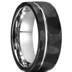 ***COI Tungsten Carbide Black Silver Offset Groove Faceted Ring-00949AA