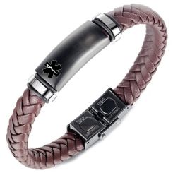 ***COI Titanium Black Silver Medical Alert Genuine Leather Bracelet With Stainless Steel Clasp(Length: 8.27 inches)-00953AA